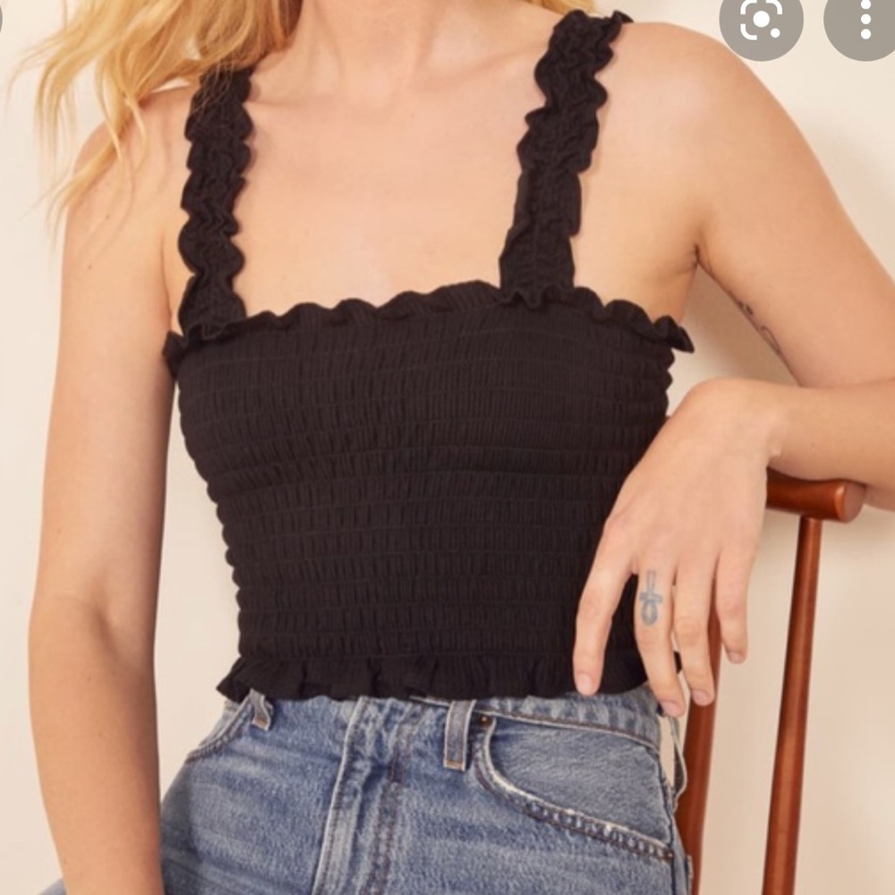 Black Smocked Ruffle Strap Top
